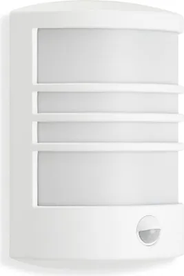 A white outdoor light fixture with a motion sensor.