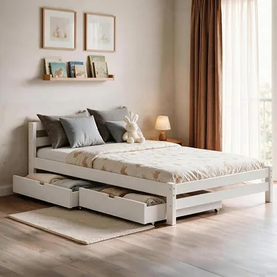 Imagen del producto de Cama infantil de 120x200 cm, color blanco, con 2 cajones, con capacidad de carga de hasta 200 kg