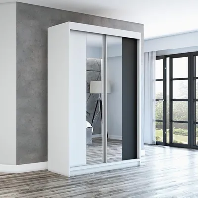 Produktbild von Schwebetürenschrank, 2-türig Schrank mit Spiegel! Moderne Garderobe für Kleidung. Verschiedene Farben (Weiß, Schwarz, Somona) Kleiderschrank NEO 120 cm