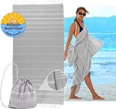 Produktbild von 2 in 1 Hamamtuch 180x90cm & Rucksack 100% Baumwolle Strandtuch Badetuch Hamam Strand Tuch  Baumwolltuch Yogatuch Reisehandtuch Grau