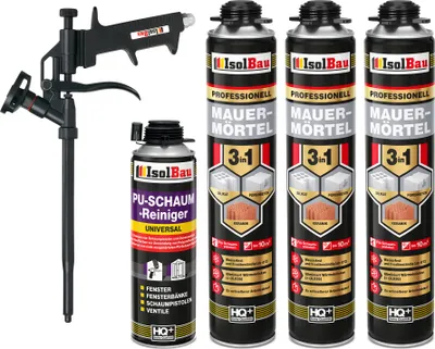 Produktbild von Isolbau Mauermörtel Pistolenschaum SET - Teflon Schaumpistole, PolyurethanReiniger Montageschaum Klebeschaum PolyurethanMörtel 3 x 750ml