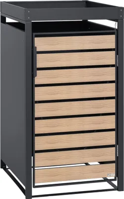 A trash can enclosure with a wooden door.