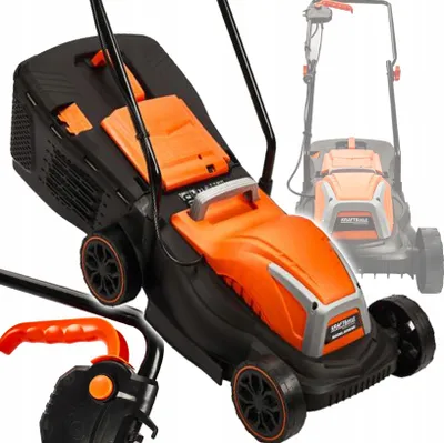 A close-up view of an electric lawnmower, with a faded image of another lawnmower in the background.