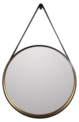 Produktbild von Wandspiegel 50 cm, rund, matt schwarz gold, Aluminiumrahmen, Lederband