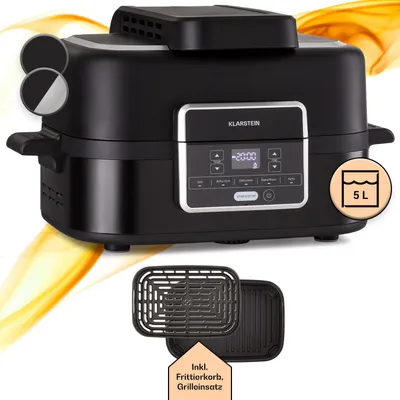 Obrázek produktu pro Horkovzdušná fritéza Klarstein 2 v 1 s grilem, fritéza s rychlým ohřevem 1500 W, XL horkovzdušná fritéza, fritéza na smažení, horkovzdušná fritéza + příslušenství, grilovací rošt, fritovací koš, časovač, 5L