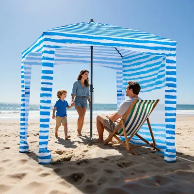 Immagine prodotto di Gazebo da spiaggia - Tenda da spiaggia - 183 x 183 cm - Protezione UV UPF 50+ - Con parete laterale e sacchi di sabbia - Leggero e portatile - A righe blu