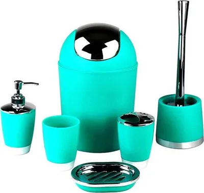 Produktbild von Badezimmer-Set, 6-teilig, Seifenspender, Klobürste, Türkis-Grün