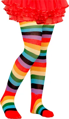 A person's legs wearing colorful striped tights and a red ruffled skirt.
