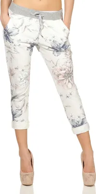 Produktbild von 287 Mississhop Damen Hose Cargohose Blumen Sweatpants Jogginghose Baumwolle Freizeithose Boyfriend Weiß mit Blumen 302