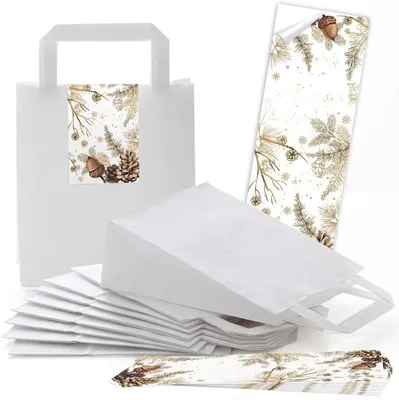 Produktbild von Logbuch-Verlag 5 weiße Papiertüten mit Henkel u. Boden + Geschenkaufkleber braun gold Weihnachtsmotive herbstlich Weihnachtsverpackung Geschenk Verpackung WeihnachtenHerbstliche Zweige / 25 Stück