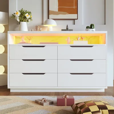 Produktbild von Sideboard Kommode mit LED-Beleuchtung & 6 Schubladen, Anrichte mit Marmor-Optik Fach, 120x40x85 cm, Wohnzimmerschrank in Weiß