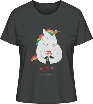 Produktbild von Mr. & Mrs. Panda Damen T-Shirt Einhorn Traurig Größe L - Anthrazit - Geschenk, Unicorn, Freunde, Basic, Oberteil, Kurzarmshirt, Baumwoll, Liebe, Einhörner, Blume, Trauer