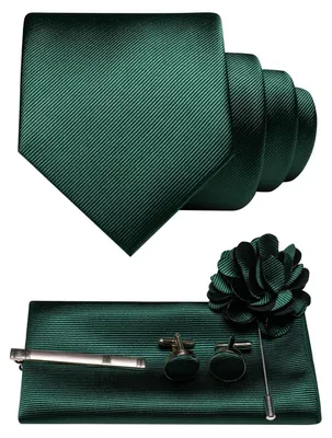 Produktbild von Herren Krawatten-Set Dunkelgrün Twill mit Pocket Square Manschettenknöpfen Krawattenklemme Brosche Polyester 148x8cm