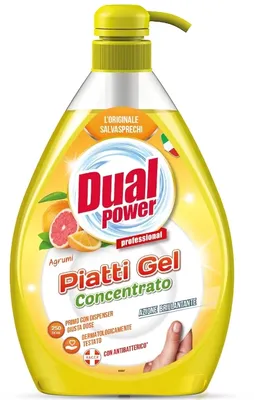 A bottle of Dual Power dish soap with citrus fruit imagery.