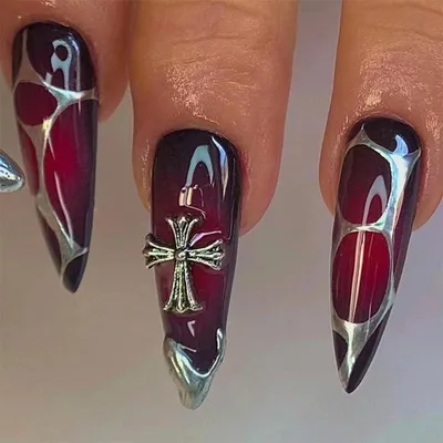 Immagine prodotto di Unghie finte a stiletto, estremamente lunghe, nere, rosse e argentate, stile francese, con decorazioni 3D a forma di croce, gotiche, incluse di colla per unghie, modello AG14