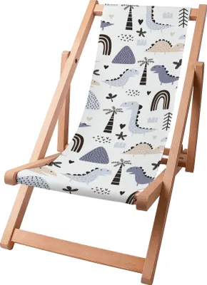 A wooden beach chair with a fabric seat featuring a pastel dinosaur pattern.