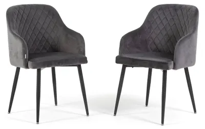 Immagine prodotto di Set di 2 sedie imbottite TESSA in velluto con braccioli, schienale alto e gambe in metallo, design elegante e moderno -Grigio scuro/Grigio scuro