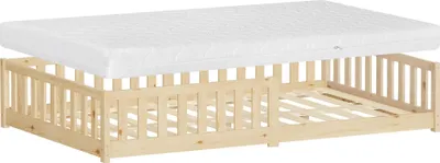 Produktbild von ML-Design Kinderbett 120x200 cm Natur Bodenbett für Kinder mit Matratze Lattenrost und Rausfallschutz Jugendbett aus massivem Kiefernholz Bettgestell