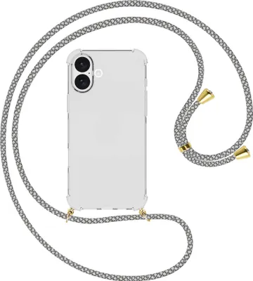 Produktbild von Handykette Backcover-Schutzhülle mit Band (Metall goldfarben) für iPhone 16 Plus - weiß/grau kariert