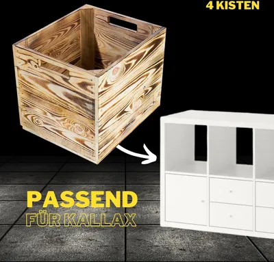 Produktbild von 4 geflammte Kisten für Kallax Regal Ikea 33cm 37,5cm 32,5cm Einschub Fach Schublade Einsatz Holzkiste Box Holz
