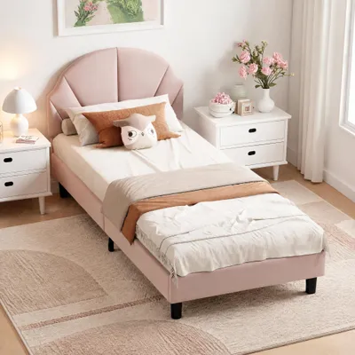 Obrázek produktu pro Dětská postel INONEFT, 90x190 cm, postel s polstrováním ve stylu "princezna", s nastavitelnou výškou opěrky hlavy, jednolůžko pro dívky, materiál: samet, bez matrace, barva: růžová