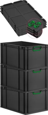 Produktbild von SuperSparSet 3x Eurobox NextGen Color mit Auflagedeckel und Schiebeschnappverschlüsse | HxBxT 32x40x60cm | 65 Liter | Schwarz | Griffe grün geschlossen | Verstärkter Boden | Eurobehälter, Transportbox, Transportbehälter, Stapelbehälter
