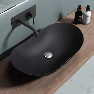Immagine prodotto di doporro Lavabo da Appoggio Ovale in Vetroceramica Nero Opaco 63x36,5x14 cm, Lavandino Bagno Moderno Effetto Loto, Senza Foro Rubinetto - Brš¹ssel858