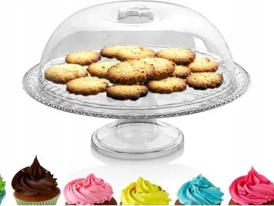 Zdjęcie produktu dla patera z kloszem na nóżce 34 cm pojemnik z pokrywką na ciasto tort owoce osłona