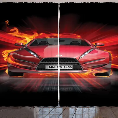 Produktbild von ARANDE Autos Gardine, Vorderansicht eines Feuer-Autos, das heiße Flammen auf abstraktem Hintergrund-Konzept-Design beschleunigt, 280 x 175 cm, Rot Orange Schwarz