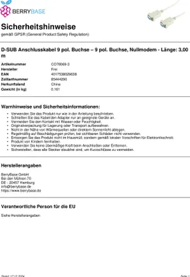 Produktbild von D-SUB Anschlusskabel 9 pol. Buchse 9 pol. Buchse, Nullmodem - Länge: 3,00 m
