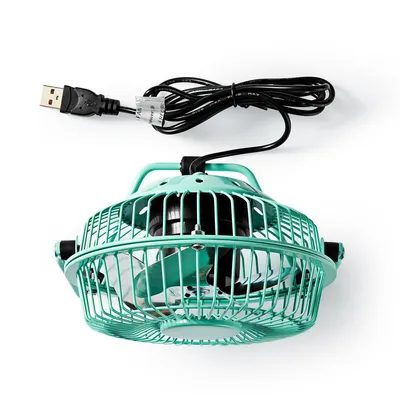 A turquoise USB desk fan is shown against a white background.