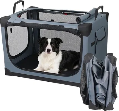 Produktbild von Hundebox faltbar 75x54x50 cm, Transportbox für große Hunde, Hundetransportbox Auto mit 4 Türen aus Netzstoff, Transporttasche Haustiertransportbox für Zuhause & Reise