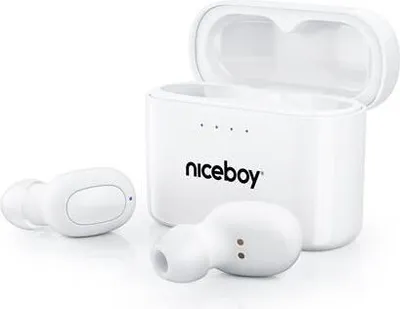 A pair of white wireless earbuds and their charging case are displayed on a white background.