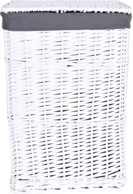 A white wicker laundry basket with a gray fabric liner and lid.
