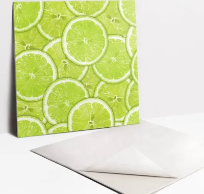 Produktbild von Grüne Limettenscheiben – Selbstklebende Wandfliesen – PVC Wandpaneele – Vinyl Wandverkleidung – Dekopaneele selbstklebend – Wanddeko selbstklebend – 9 Stück 30x30 cm