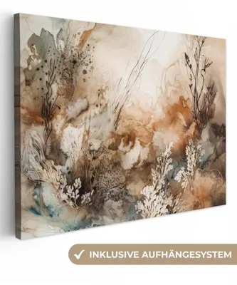 Produktbild von MuchoWow® - Leinwandbilder - Abstrakt - Beige - Farbe - Kunst - Natur - Blumen, Wandbild, Wanddeko Bilder Wohnzimmer, 80x60 cm