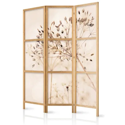 Produktbild von Paravent Pflanzen XXL 135x171 cm 3-teilig einseitig eleganter Sichtschutz Raumteiler Trennwand Raumtrenner Holz Design Motiv Home Office Botanik Natur Trockenblumen Aufblasbar b-C-1015-bh-b