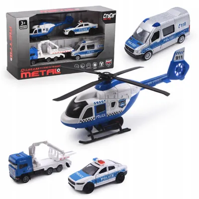Produktbild von Polizei Spielzeugauto Set 4-teilig Streifenwagen Hubschrauber Bus Geschenk für Kinder