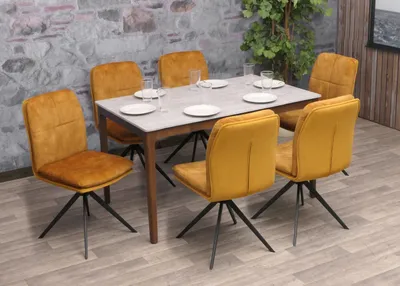 Produktbild von 6er-Set Esszimmerstuhl HWC-M68, Küchenstuhl Lehnstuhl, drehbar Auto-Position, Metall Stoff/Textil gelb
