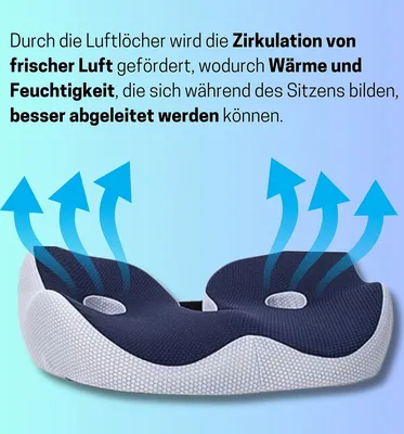 A blue and white ergonomic seat cushion with blue arrows indicating airflow.