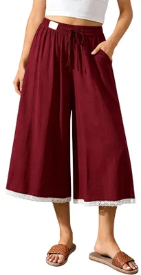 Produktbild von ASKSA Damen Caprihose Leinen Weites Bein 3/4 Hose Sommer Elegant Casual Leicht Freizeithose mit Taschen (Weinrot,S)