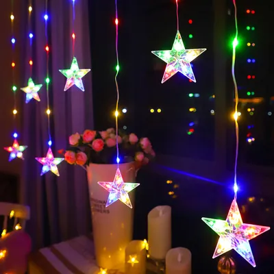 Zdjęcie produktu dla 100 sztuk 2M Światła kurtynowe w kolorze gwiazdy 82 LED Wróżki Zasilane bateryjnie Okno Wewnętrzne Zewnętrzne Boże Narodzenie Balkon Kurtyna Ogród Impreza Dekoracja