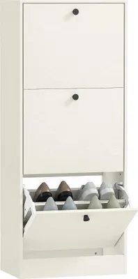 Image de Armoire à chaussures basculante - 3 compartiments basculants - étagères réglables - design compact - 47×28×115 cm - bois - blanc