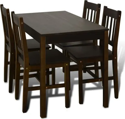 A dark brown wooden dining table with four matching chairs.