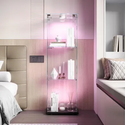 Zdjęcie produktu dla Szkło, witryna z oświetleniem LED, 3 półki, 1 drzwi, zamek, kolor: czarny