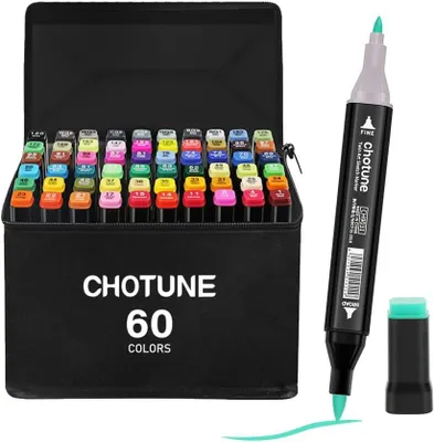 Produktbild von Alkoholmarker 60 Farben, doppelte Spitze, für Zeichnen, schnelltrocknend, mit Aufbewahrungsbasis und Tasche