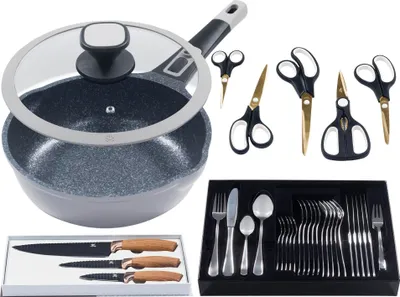 Produktbild von 41tlg. Messerset »Küchenstart« GRAU 3tlg Messerset + 5tlg. Scherenset Schwarz + 31tlg. Besteck + Moonscape-Bratpfanne tief (Ø24cm) mit Glasdeckel