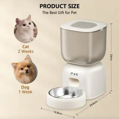 Produktbild von Automatischer Futterautomat, Futterautomat für Hunde, 3L Katzenfutterspender, Timer, 10s Sprachaufnahme, Edelstahl-Napf, Beige