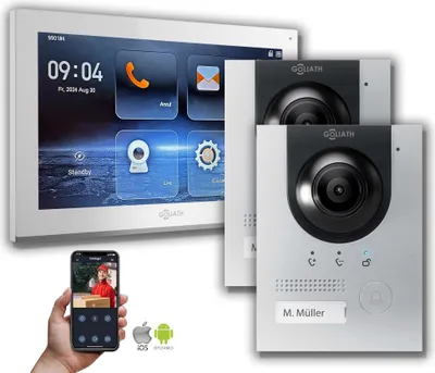 Produktbild von IP Gegensprechanlage | 10 Zoll Monitor | 2x Außenstation Silber : 1 Monitor : 10 Zoll Weiß : Aufputz Dose Monitor Anzahl: 1 Monitor Monitor Farbe: 10 Zoll Weiß Montage: Aufputz Dose