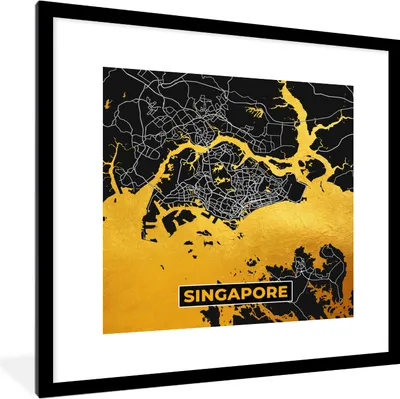 Produktbild von MuchoWow® Gerahmtes Poster Singapur - Gold - Karte - Stadtplan 40x40 cm - Poster mit Schwarzem Bilderrahmen Wandposter Rahmen Foto Bilder - Poster - Plakat im Rahmen